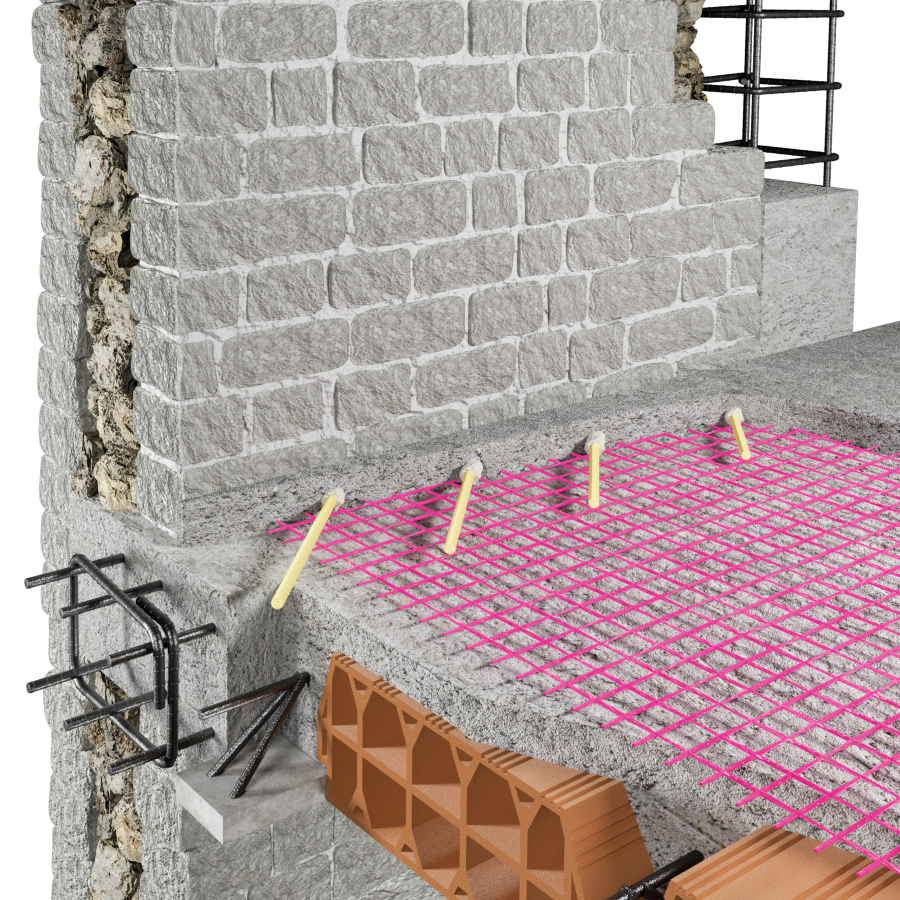 Diaphragm strengthening of a floor slab with CRM mesh